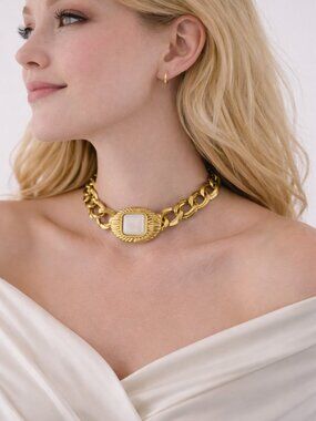 Vintage Monet Gold Chain Necklace Pearlescent Pendant Statement